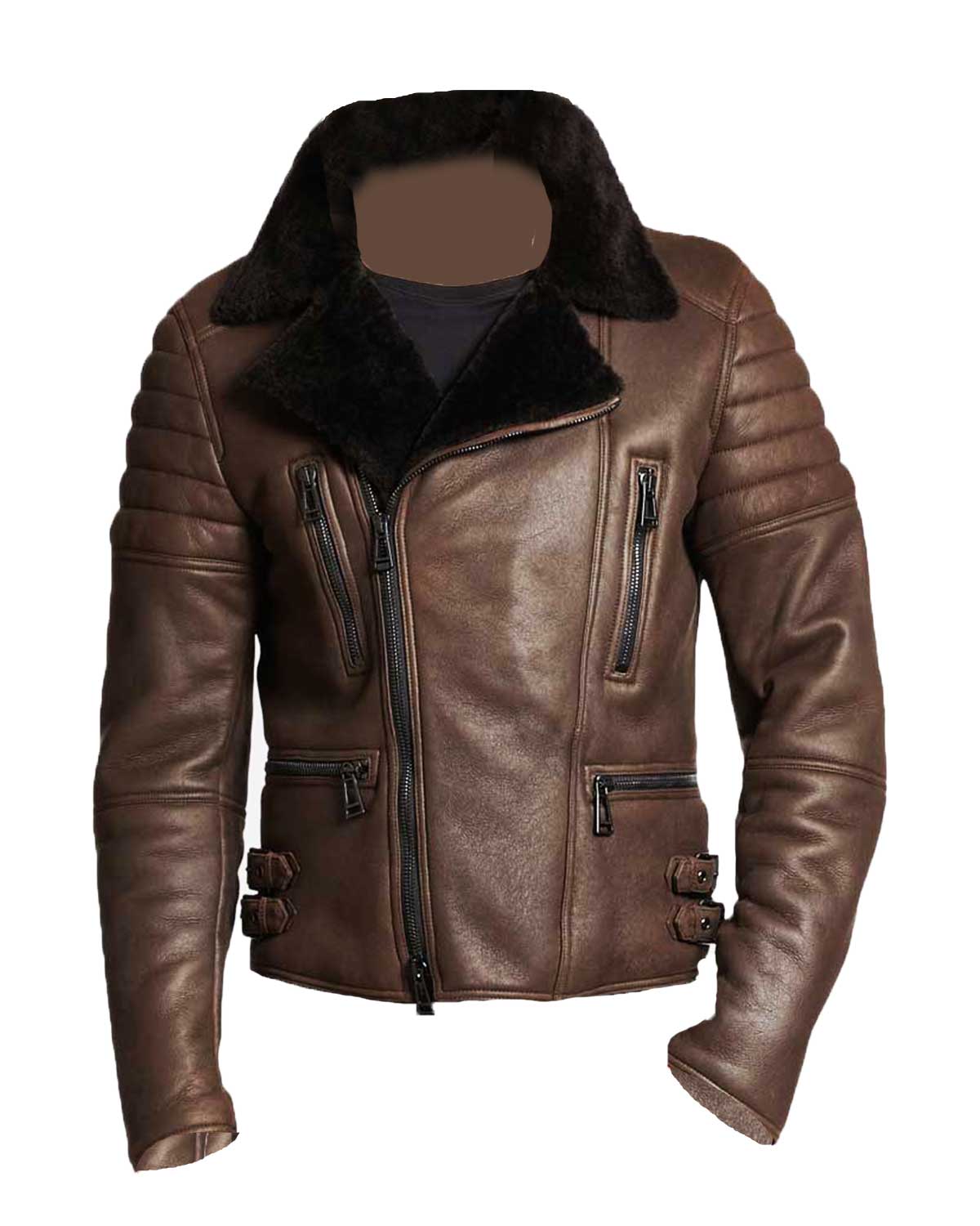 Mens Brown Leather Biker Shearling Jacket