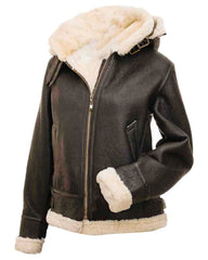 Womens Shearling Brown Leather Jacket With Hood