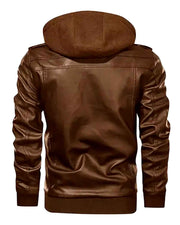 Men's Brown Distressed Jacket - Hooded Style Genuine Leather Jacket