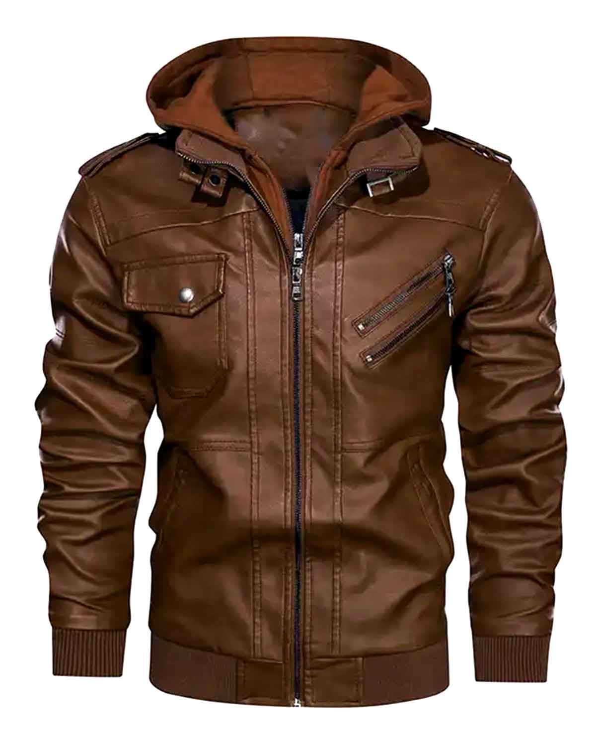 Mens Distressed Brown Hooded Leather Jacket