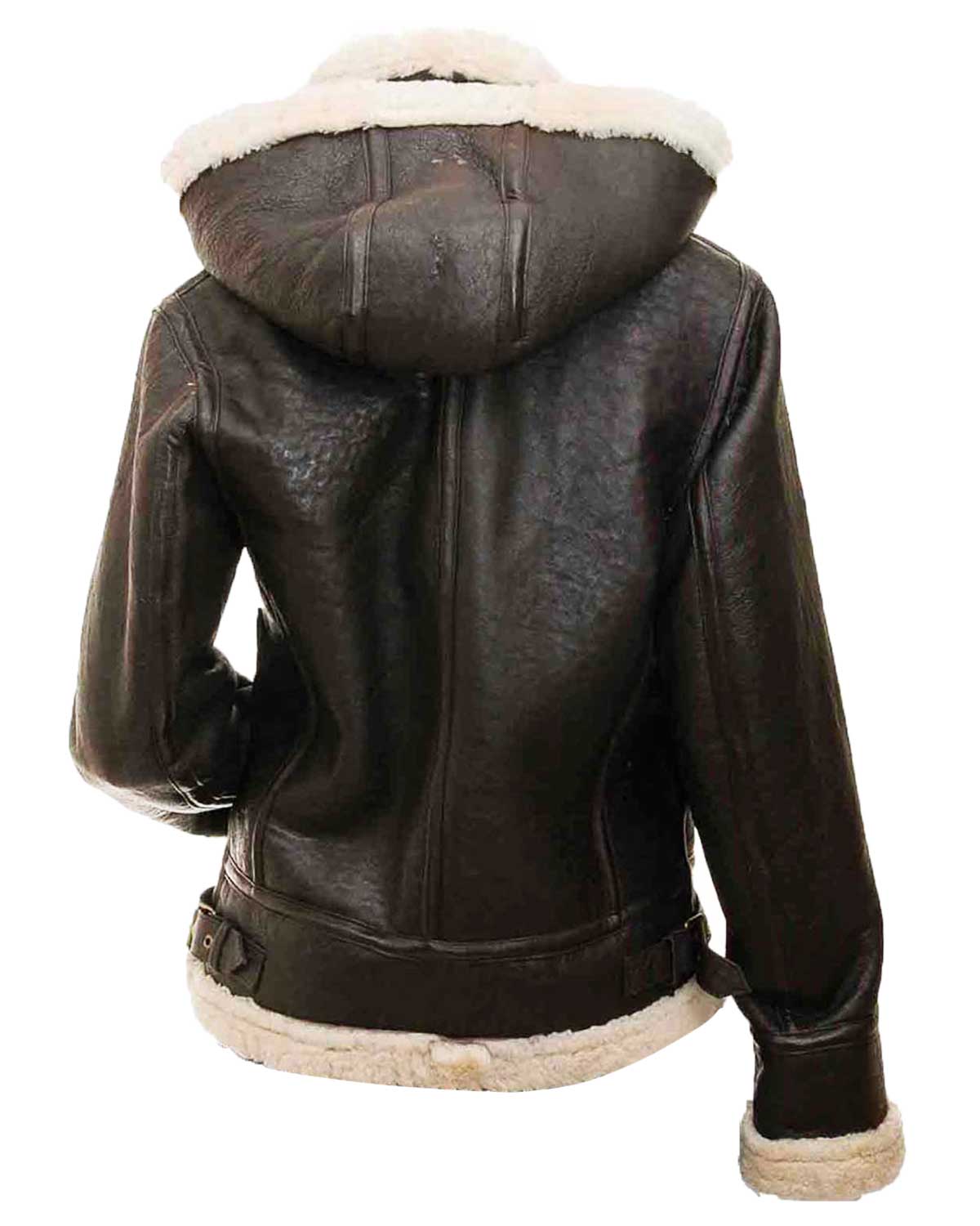 Womens Shearling Brown Leather Jacket With Hood