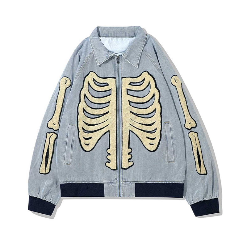 Skeleton Bone Varsity Denim Jacket