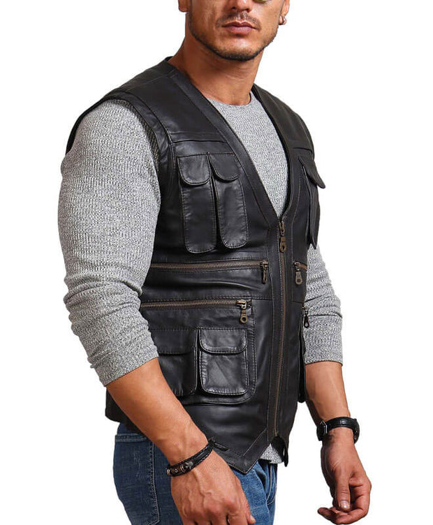 Chris Pratt Men's Biker Black Leather Vest Jacket