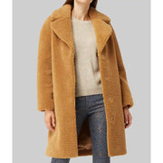 Women We Live in Time Florence Pugh Brown Shearling Coat