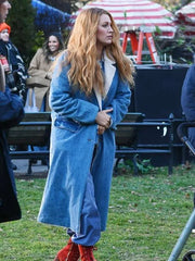 Blake Lively It Ends with Us Blue Shearling Long Coat