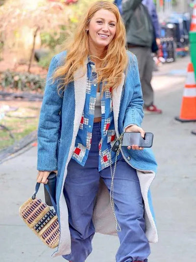 Blake Lively It Ends with Us Blue Shearling Long Coat