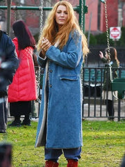 Blake Lively It Ends with Us Blue Shearling Long Coat