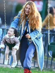 Blake Lively It Ends with Us Blue Shearling Long Coat