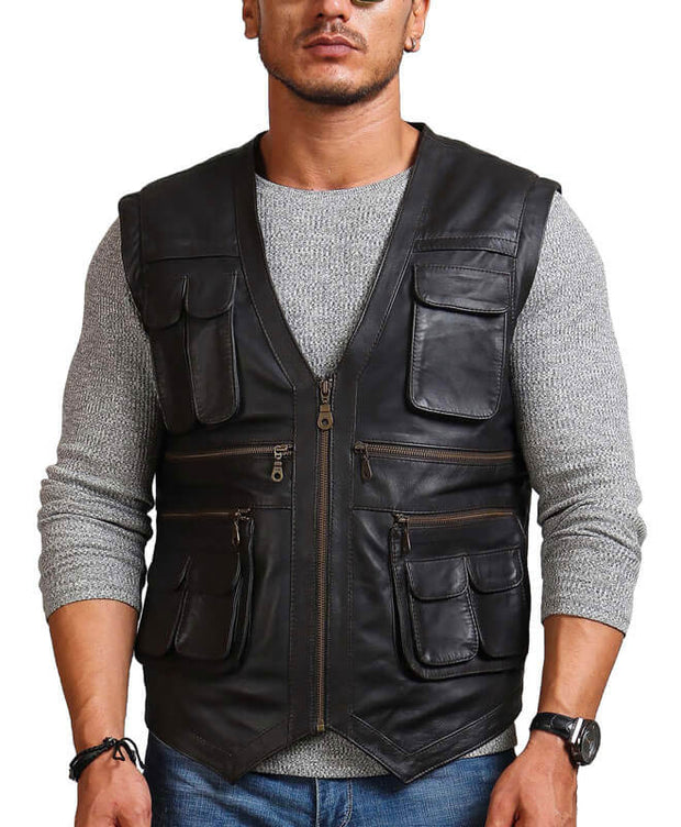 Chris Pratt Men's Biker Black Leather Vest Jacket