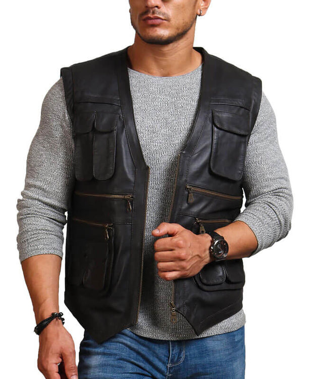 Chris Pratt Men's Biker Black Leather Vest Jacket