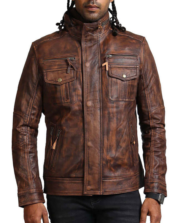 Mens Vintage Brown Leather Motorcycle Jacket