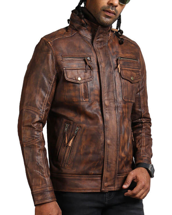 Mens Vintage Brown Leather Motorcycle Jacket