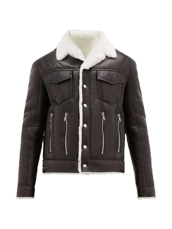 Mens Streetstyle Brown Leather Shearling Jacket