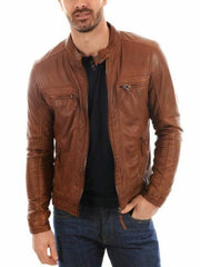 Mens Brown Cafe Racer Motorcycle Leather Jacket