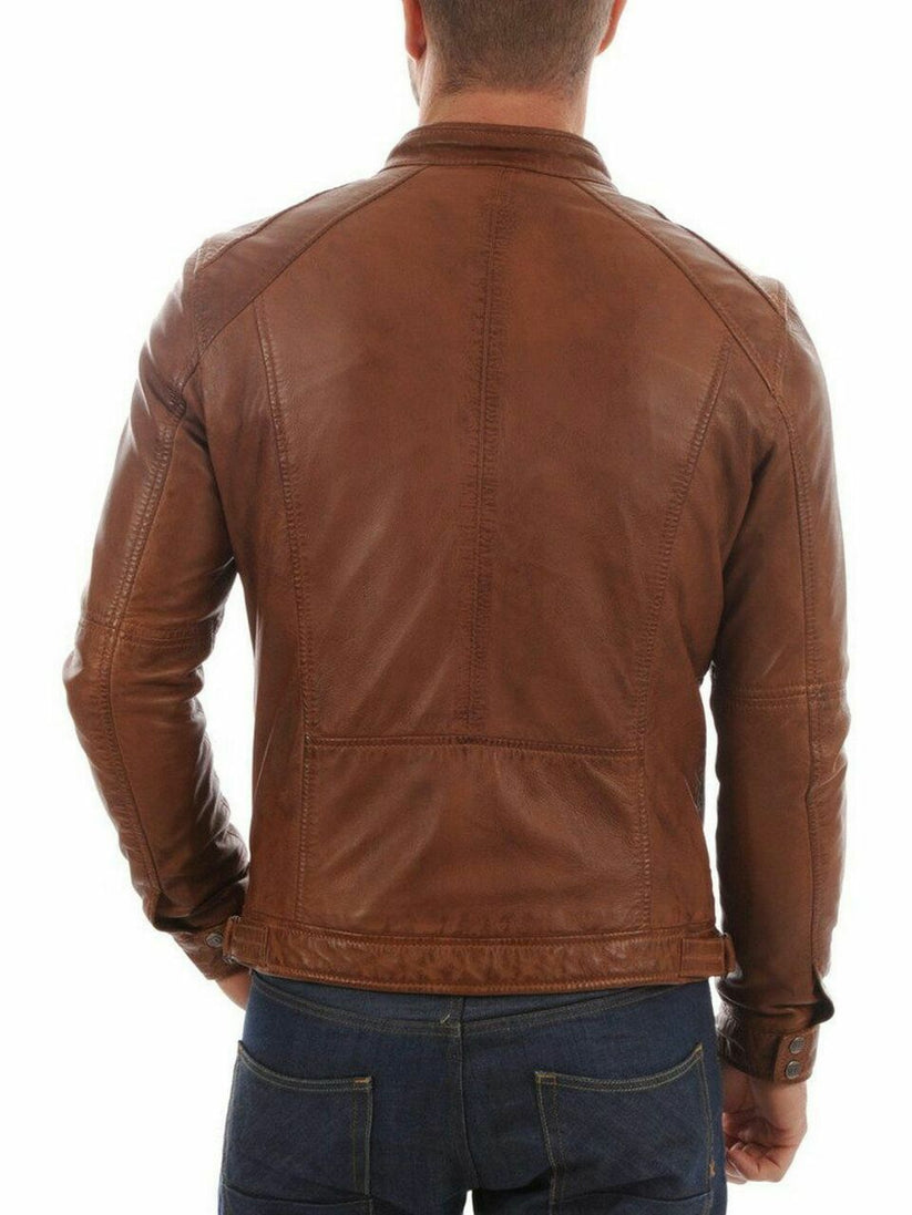 Mens Brown Cafe Racer Motorcycle Leather Jacket