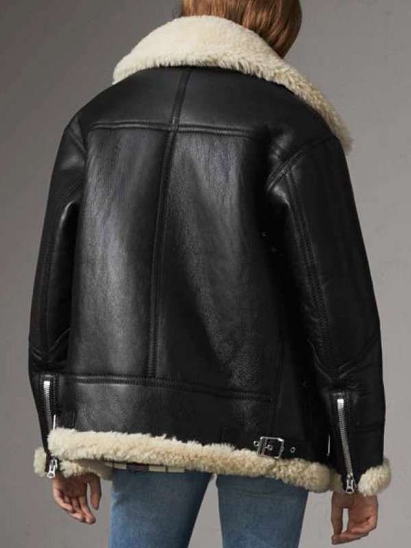 Womens Aviator Black Leather Shearling Jacket