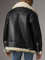 Womens Aviator Black Leather Shearling Jacket