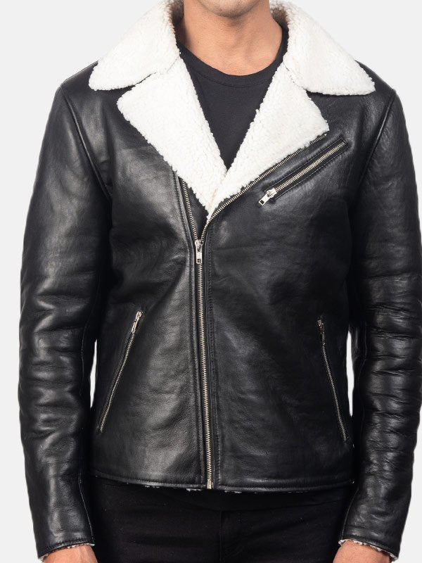 Mens Faux Shearling Black Leather Jacket