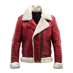 Mens Shearling Red Leather Bomber Jacket