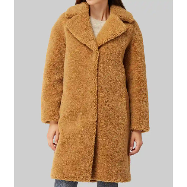 Women We Live in Time Florence Pugh Brown Shearling Coat