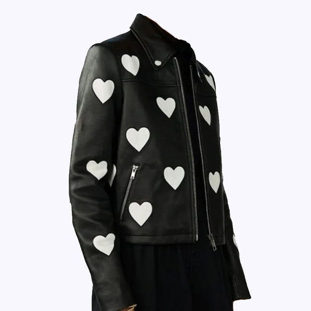 Women Heart Style Black Genuine Leather Jacket