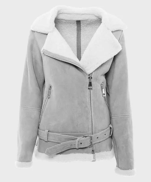 Womens Grey Suede Leather Shearling Bomber Jacket