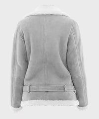 Womens Grey Suede Leather Shearling Bomber Jacket