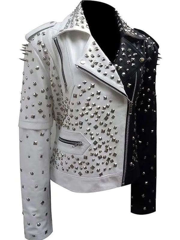 Women Motorcycle Spike Studded Leather Jacket