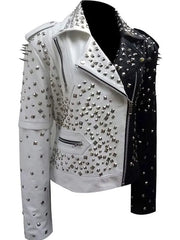 Women Motorcycle Spike Studded Leather Jacket