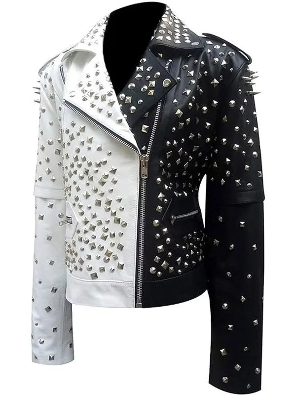 Women Motorcycle Spike Studded Leather Jacket