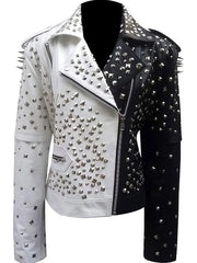 Women Motorcycle Spike Studded Leather Jacket