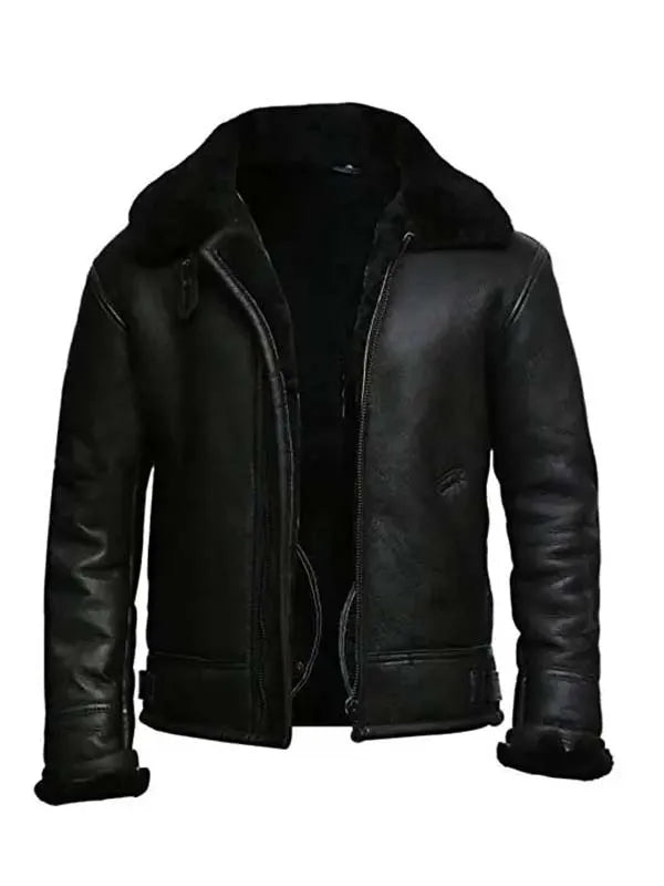 Mens Aviator B3 Black Leather Shearling Jacket