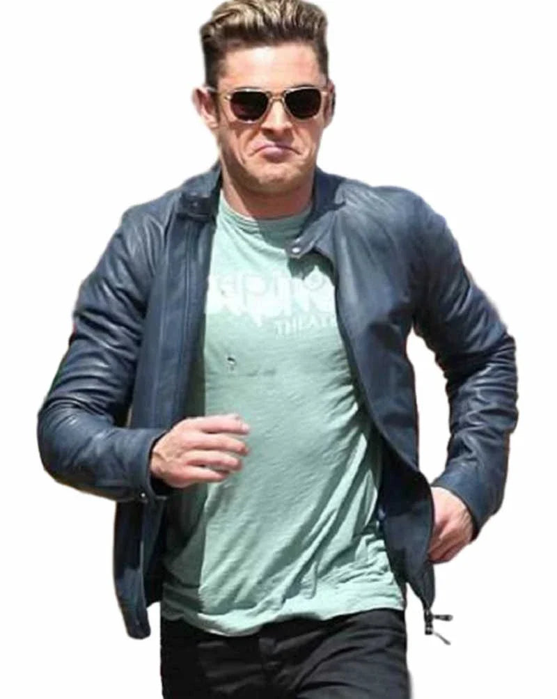 Baywatch Zac Efron  Blue Real Leather Jacket