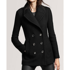 Women Double Breasted Black Wool Coat