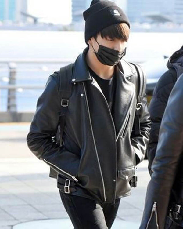 Mens Jungkook Motorcycle Black Leather Jacket