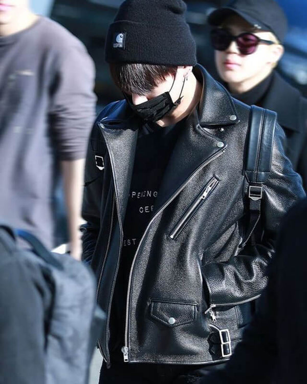 Mens Jungkook Motorcycle Black Leather Jacket