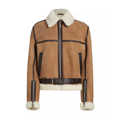 Women Brown Aviator Sherpa Leather Jacket