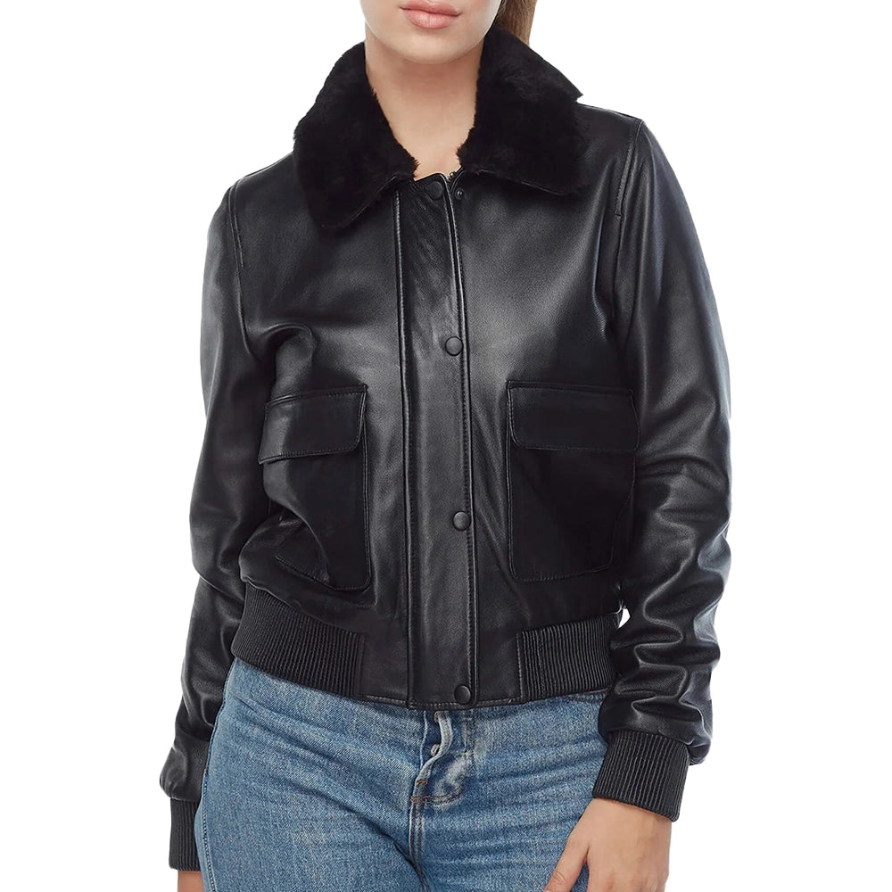 Women Anne Bomber Black Leather jacket