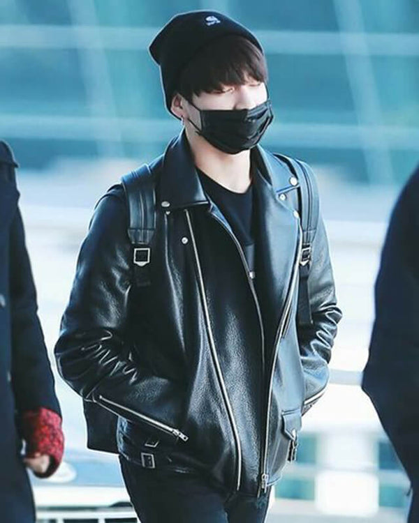 Mens Jungkook Motorcycle Black Leather Jacket