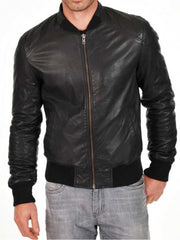 Mens Black Leather Bomber Jacket