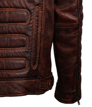 Dark Brown Padded Waxed Genuine Leather Biker Jacket