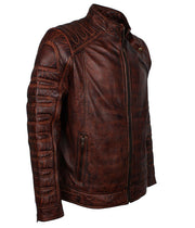 Dark Brown Padded Waxed Genuine Leather Biker Jacket