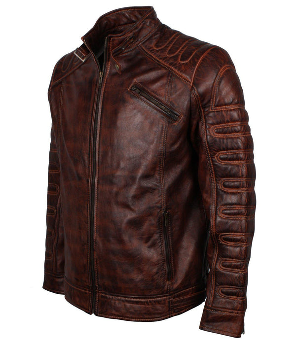 Dark Brown Padded Waxed Genuine Leather Biker Jacket