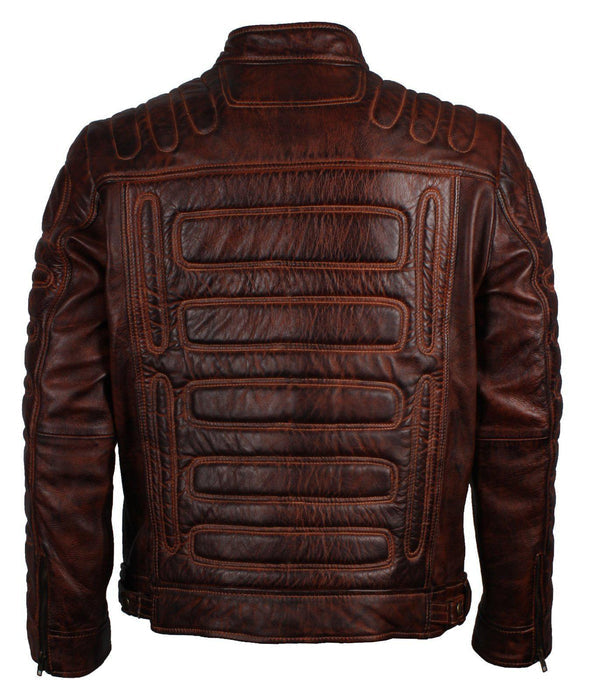 Dark Brown Padded Waxed Genuine Leather Biker Jacket