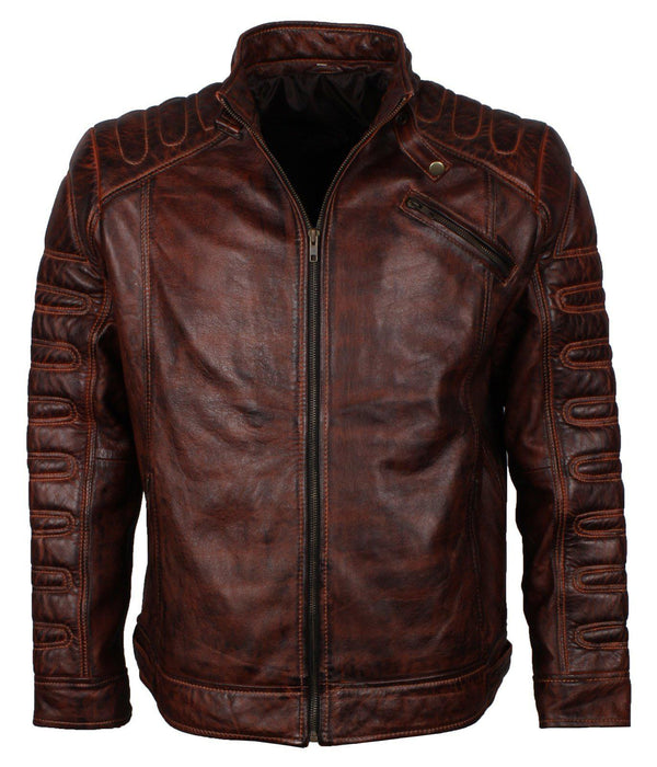 Dark Brown Padded Waxed Genuine Leather Biker Jacket