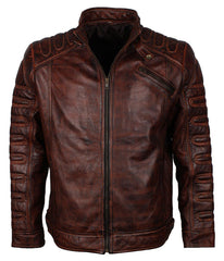 Mens Brown Leather Motorcycle Waxed Jacket