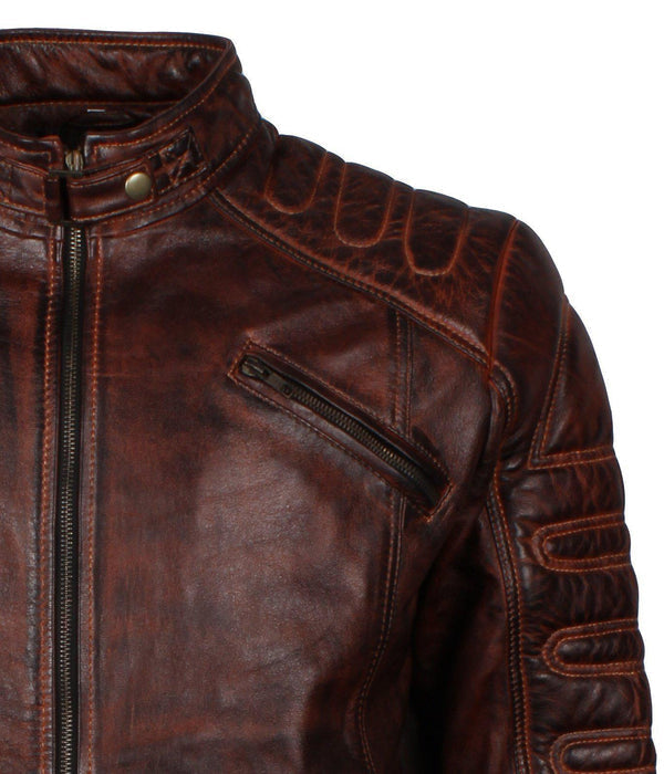 Dark Brown Padded Waxed Genuine Leather Biker Jacket