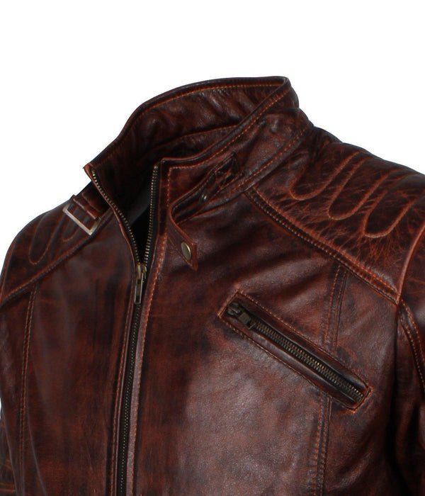 Dark Brown Padded Waxed Genuine Leather Biker Jacket