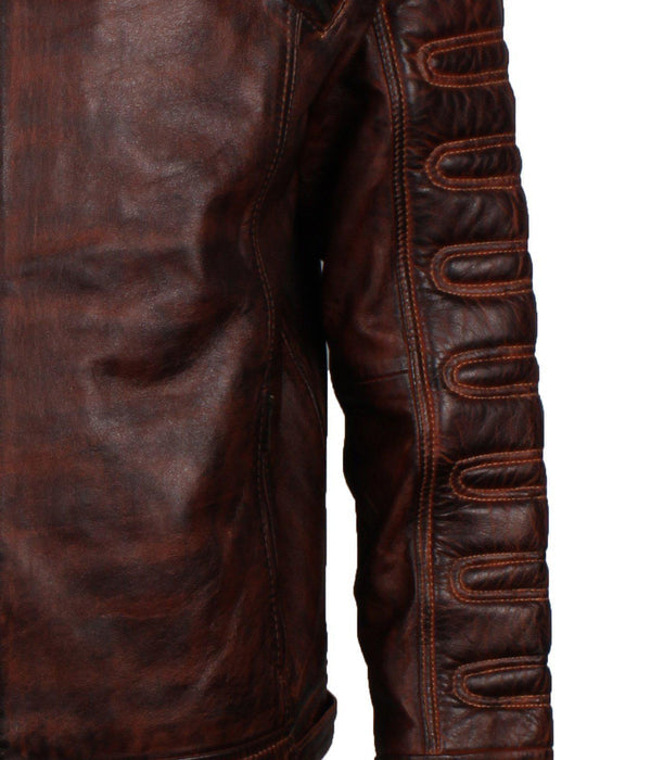 Dark Brown Padded Waxed Genuine Leather Biker Jacket