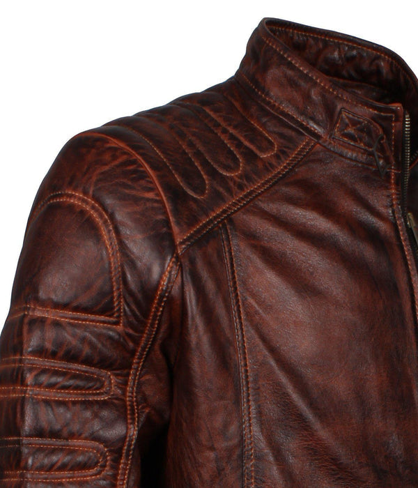 Dark Brown Padded Waxed Genuine Leather Biker Jacket